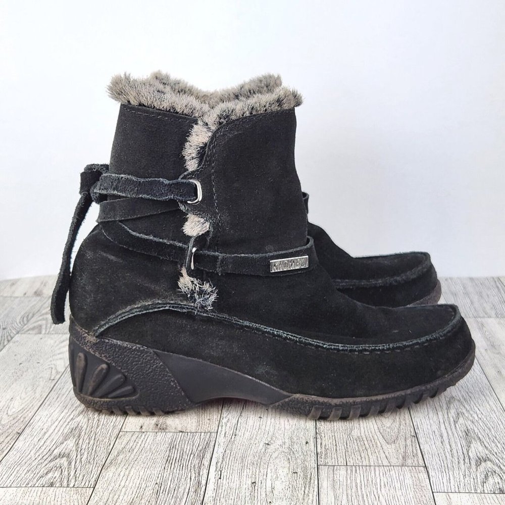 Khombu Womens‎ Ankle Boots Size 7 Black Leather Faux Fur Collar, Leather Tie Up